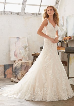 Wedding Dress - Mori Lee Bridal SPRING 2017 Collection: 8122 - Mariana - Vintage Alençon Lace on Tulle with Wide Scalloped Hemline, Removable Beaded Net Belt | MoriLee Bridal Gown