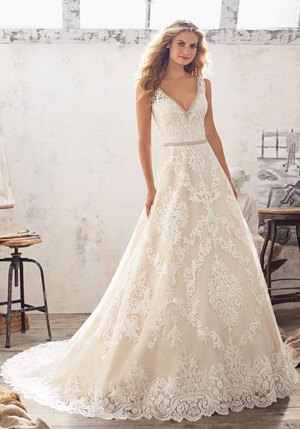 Wedding Dress - Mori Lee Bridal SPRING 2017 Collection: 8124 - Morgan - Alençon Lace Appliqués and Medallions on Tulle with Crystal Beaded Trim and Scalloped Hemline | MoriLee Bridal Gown