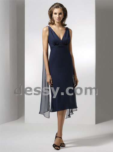 Mother of the Bride Dress: Dessy Bridesmaid Style - 2502  Tea-length empire waist Chiffon dress with v-neck, crystal buckle detail at shoulders and fly away sash at back shoulders. (Sizes available 0-28, and 0-28 Extra Length.)Fabric: Chiffon 