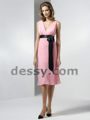 Mother of the Bride Dress: Dessy Bridesmaid Style - 2503  Tea-length v-neck Chiffon dress with wide contrasting Ribbon trim at empire waist. (Sizes available 0-28, and 0-28 Extra Length.)Fabric: Chiffon 