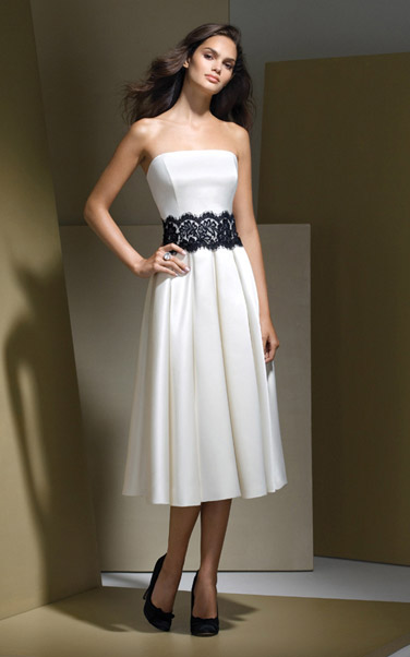 Bridesmaids Dress: Dessy Bridesmaid Style - 2717  Tea-length strapless Matte Satin dress with contrasting Lace midriff and pleated skirt. 