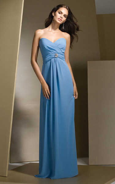 Bridesmaids Dress: Dessy Bridesmaid Style - 2725  Full-length strapless Nu-Georgette dress with shirred twist bodice, detailed with jewel pin. 