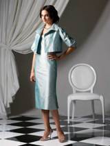 Evening Dress: Dessy Bridesmaid Style - 2760  Tea-length strapless Silk Shantung pencil dress with collared 3/4 sleeve jacket. Also available full-length as style 2766.Fabric: Silk Shantung 