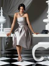 Evening Dress: Dessy Bridesmaid Style - 2762  Tea-length strapless Silk Shantung dress with wrap bodice and full skirt. Also available full-length as style 2768.Fabric: Silk Shantung 