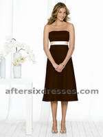 Mother of the Bride Dress: Aftersix Bridesmaid Style - 6501  Tea-length matte satin dress with matte satin bias band at waist and bow detail at back. Dress available with any color Matte Satin trim. Dress Pictured in Solid. 