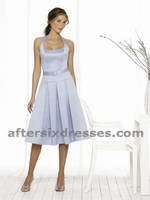 Mother of the Bride Dress: Aftersix Bridesmaid Style - 6502  Tea-length matte satin halter dress with slight drop waist and matching satin belt with oval crystal belt buckle. Full box pleat skirt. 