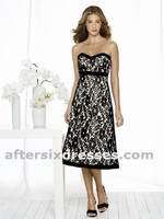 Prom Dress: Aftersix Bridesmaid Style - 6507  Tea-length strapless lace over matte satin dress with matte satin trim at neckline, empire waist and hem. Trim always matches lace. Pictured with White lace. 
