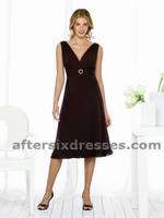 Prom Dress: Aftersix Bridesmaid Style - 6511  Tea-length nu-georgette dress with v-neck and draped sash at empire waist. Circular crystal buckle at waist and bow at back waist. 