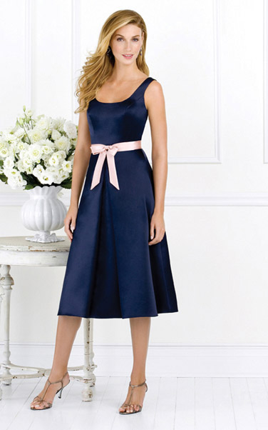 Mother of the Bride Dress: Aftersix Bridesmaid Style - 6516  Tea-length Matte Satin dress with scoop neckline and Matte Satin belt/bow at waist. 