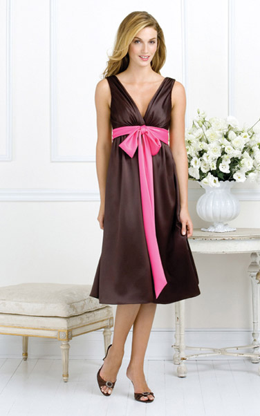 Evening Dress: Aftersix Bridesmaid Style - 6528  Tea-length v-neck Renaissance dress with inset sash and bow at empire waist. 