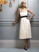 Bridesmaids Dress: Aftersix Bridesmaid Style - 6537  Tea-length Nu-georgette square neck halter dress w/ inset Matte Satin band at empire waist and gathered bodice. 