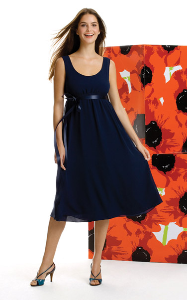 Evening Dress: AlfredSung Style - D404  Tea-length scoop neck Nu-Georgette dress with matching Ribbon sash at gathered empire waist. (Sizes available 0-28, and 0-28 Extra Length.)Fabric: Nu-Georgette 