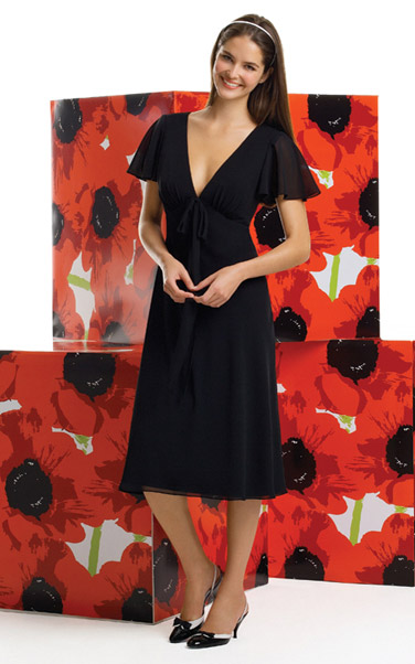 Evening Dress: AlfredSung Style - D405  Tea-length v-neck Nu-Georgette dress with flounce sleeves. (Sizes available 0-28, and 0-28 Extra Length.)Fabric: Nu-Georgette 