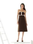 Evening Dress: AlfredSung Style - D410  Tea-length strapless Duchess dress w/ geometric trim at bodice.Fabric: Duchess Satin  