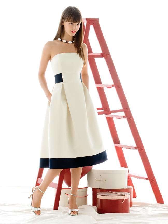 Bridesmaids Dress: AlfredSung Style - D416  Tea-length strapless Duchess dress with inverted pleats at natural waist. Sash and hem always match. Pockets at side seams in skirt.Fabric: Duchess Satin 