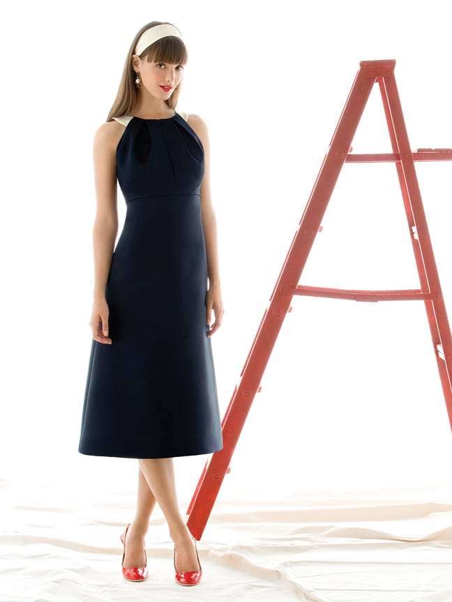 Bridesmaids Dress: AlfredSung Style - D419  Tea-length Duchess dress with contrasting or matching trim and bow at back of pleated halter neck.Fabric: Duchess Satin 