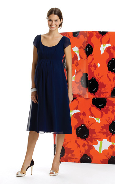 Bridesmaids Dress: AlfredSung Style - M407  Tea-length Nu-Georgette maternity dress with round neck and cap sleeves. Bodice has pleated detail at empire waist. (Sizes available 0-28, and 0-28 Extra Length.)Fabric: Nu-Georgette  
