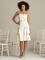 Bridesmaids Dress: Aftersix Bridesmaid Style - 6576  Cocktail length strapless chiffon over matte satin dress. Natural waist with tiered skirt. Matching matte satin belt with handmade Chiffon flower. Solid only.Fabric: Chiffon purchase a swatchCatalog Dress Color: ivory 
