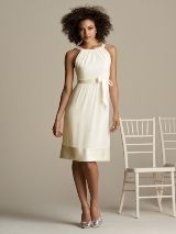 Bridesmaids Dress: Aftersix Bridesmaid Style - 6579  Cocktail length nu-georgette halter dress with matching matte satin trim at neckline, empire waist and hem.Fabric: Nu-Georgette Catalog Dress Color: ivory 