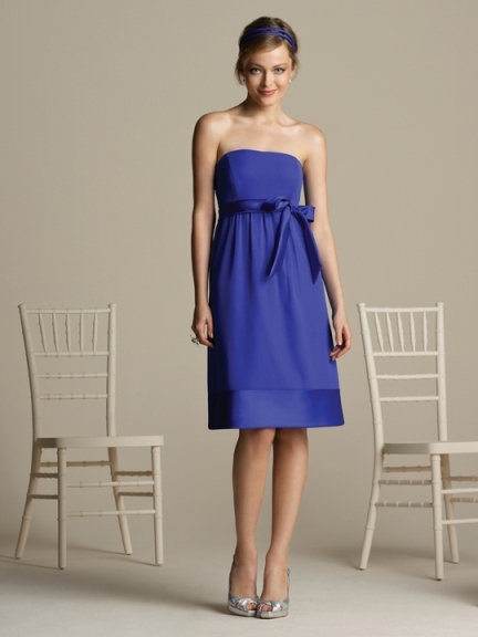 Mother of the Bride Dress: Aftersix Bridesmaid Style - 6580  Cocktail length nu-georgette strapless dress with matching matte satin trim at empire waist and hem.Fabric: Nu-GeorgetteCatalog Dress Color: sapphire 