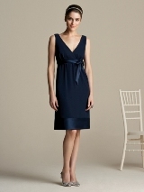 Bridesmaids Dress: Aftersix Bridesmaid Style - 6581  Cocktail length nu-georgette v-neck dress with matching matte satin trim at empire waist and hem.Fabric: Nu-GeorgetteCatalog Dress Color: midnight 
