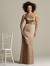 Bridesmaids Dress: Aftersix Bridesmaid Style - 6587  Full length one shoulder matte satin dress with pleated empire waistband.Fabric: Matte SatinCatalog Dress Color: cappuccino 