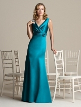 Bridesmaids Dress: Aftersix Bridesmaid Style - 6588  Full length v-neck surplice matte satin dress with pleated empire waistband. Matching handmade matte satin flower at side waist.Fabric: Matte SatinCatalog Dress Color: oasis 