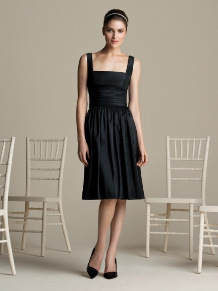 Mother of the Bride Dress: Aftersix Bridesmaid Style - 6589  Cocktail length square neckline iridescent taffeta dress with shirred waistband at natural waist, ties at back. Pockets at side seams. Solid only. Also available full/length as style 6592.Fabric: Iridescent TaffetaCatalog Dress Color: black 