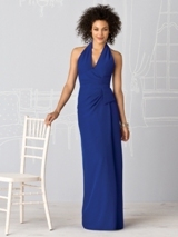 Bridesmaids Dress: After Six Bridesmaid SPRING 2011- 6595  V-neck full-length renaissance (matte side of fabric is used as self) dress w/ shirred halter bodice and faux wrap skirt. Available in sizes 00-30W.Fabric: Renaissance Satin 
