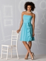 Bridesmaids Dress: After Six Bridesmaid SPRING 2011- 6602  Strapless cocktail length lux chiffon dress w/ shirred skirt and ruffle detail. Matching self belt w/ bow detail. Also available full length as style 6603. Available in sizes 00-30W.Fabric: Lux Chiffon 