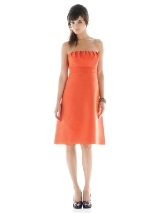 Evening Dress: AlfredSung Style - D434  Cocktail length strapless peau de soie dress with pleated detail at bodice and matching empire waistband. Shirring detail at back skirt. Also available full length as style D450.Fabric: Peau De Soie Catalog Dress Color: fiesta 