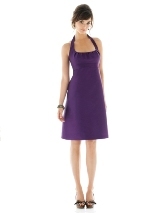 Evening Dress: AlfredSung Style - D436  Cocktail length halter peau de soie dress with pleated detail at bodice and matching empire waistband. Shirring detail at back skirt. Also available full/length as style d452.Fabric: Peau De Soie Catalog Dress Color: majestic 
