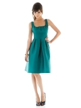 Bridesmaids Dress: AlfredSung Style - D439  Cocktail length scoop neck peau de soie dress with pleated detail at bodice. Wide matching waistband and pleated skirt with pockets at side seams. Also available in dupioni as style D447. Available in sizes 0-28, and 0-28 extra length.Fabric: Peau De Soie Catalog Dress Color: jade 