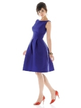 Bridesmaids Dress: AlfredSung Style - D440  Cocktail length bateau neckline with scoop back peau de soie dress. Wide matching waistband and pleated skirt with pockets at side seams. Also available in dupioni as style D448. Available in sizes 0-28, and 0-28 extra length.Fabric: Peau De Soie Catalog Dress Color: electric blue 