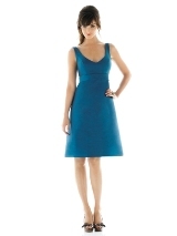 Bridesmaids Dress: AlfredSung Style - D443  Cocktail length v-neck dupioni dress with matching empire waistband. Shirring detail at back skirt. Also available in full length as style D455. Available in sizes 0-28, and 0-28 extra length.Fabric: Dupioni Catalog Dress Color: watermelon 