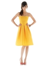 Bridesmaids Dress: AlfredSung Style - D446  Cocktail length strapless dupioni Dress with wide waistband. Pleated skirt with pockets at side seams. Solid only. Style available in peau de soie as d438.Fabric: Dupioni purchase a swatchCatalog Dress Color: papaya 