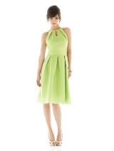 Bridesmaids Dress: AlfredSung Style - D449  Cocktail length halter pleated keyhole neckline dupioni dress. Wide matching waistband and pleated skirt with pockets at side seams.Fabric: Dupioni Dress Color: pistachio 