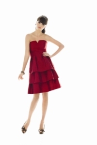Mother of the Bride Dress: AlfredSung Style - D459  Cocktail length strapless dupioni dress w/ pleated detail at empire waist and tiered skirt. Style available in peau de soie as d463. Available in sizes 0-28W. 