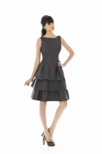 Mother of the Bride Dress: AlfredSung Style - D464  Cocktail length peau de soie dress w/ bateau neckline and scoop back, slight drop waist and tiered skirt. Style available in dupioni as d460. Available in sizes 0-28W.  