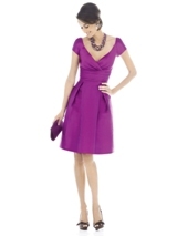 Mother of the Bride Dress: Alfred Sung Bridesmaids FALL 2011- D500  Fabric: DupioniV-neck, cap sleeve, cocktail length dress in dupioni has pleating at bodice and rouched inset midriff at natural waist. Pockets at side seams of skirt.Sizes available 00-30W, and 00-30W extra length. Also available full length as style D501.Dress Color Sample: Dahlia 