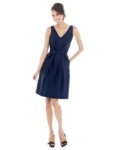 Mother of the Bride Dress: Alfred Sung Bridesmaids FALL 2011- D504  Fabric: DupioniV-neck sleeveless cocktail length dress in dupioni has belt at natural waist. Pockets at side seams of skirt.Sizes available 00-30W, and 00-30W extra length. Also available full length as style D505.Dress Color Sample: Midnight 
