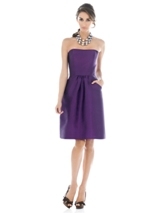 Mother of the Bride Dress: Alfred Sung Bridesmaids FALL 2011- D510  Fabric: Peau De SoieCocktail length, strapless dress in peau de soie dress has inset band at natural waist and subtle shirring at center skirt. Pockets at skirt front.Sizes available 00-30W, and 00-30W extra length. Available full length as style D511.Dress Color Sample: Majestic 