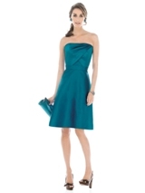 Mother of the Bride Dress: Alfred Sung Bridesmaids FALL 2011- D514  Fabric: Peau De SoieStrapless cocktail length dress in peau de soie has criss-cross draped bodice and matching belt at natural waist.Sizes available 00-30W, and 00-30W extra length. Available full length as style D515.Dress Color Sample: Caspian 