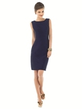 Mother of the Bride Dress: Alfred Sung Bridesmaids SPRING 2012 - D516  Fabric: DupioniSleeveless cocktail length dupioni princess line sheath dress with open back and flat bow detail at back neckline.Dress Color Sample: midnight 