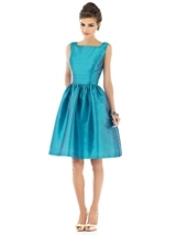 Mother of the Bride Dress: Alfred Sung Bridesmaids SPRING 2012 - D518  Fabric: DupioniSleeveless cocktail length dupioni dress with square neckline and matching inset midriff. Natural waist. Full shirred skirt has pockets at side seams. Also available full length as style D519.Dress Color Sample: fusion 
