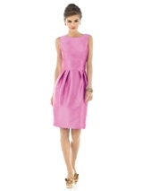 Mother of the Bride Dress: Alfred Sung Bridesmaids SPRING 2012 - D522  Fabric: DupioniSleeveless cocktail length dupioni dress with large flat bow detail at low back. Natural waist. Pleated slim skirt has pockets at side seams.Dress Color Sample: rosebud 