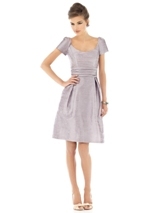 Mother of the Bride Dress: Alfred Sung Bridesmaids SPRING 2012 - D524  Fabric: DupioniCap sleeve cocktail length dupioni dress with rouched midriff and scoop neckline. Natural waist. Full pleated skirt has pockets at side seams. Also available full length as style D525.Dress Color Sample: jubilee 