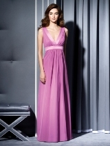 Evening Dress: Dessy Bridesmaid Style - 2788  Full length V-neck chiffon dress with contrasting or matching matte satin trim at neck and empire waist.Fabric: Chiffon Catalog Dress Color: tulipCatalog Trim Color: tulip 