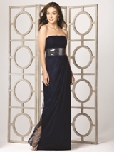 Evening Dress: Dessy Bridesmaid SPRING 2012- 2848  Fabric: Stretch TulleStrapless full length stretch tulle dress. Inset midriff has sequin detail with tulle overlay (sequins always silver). Draped detail at front skirt.Dress Color Sample: midnight 