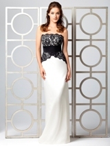 Evening Dress: Dessy Bridesmaid SPRING 2012- 2849  Fabric: Matte SatinStrapless full length dress with black lace overlay and black matte satin inset waistband, (lace and waistband always black).Dress Color Sample: ivory 